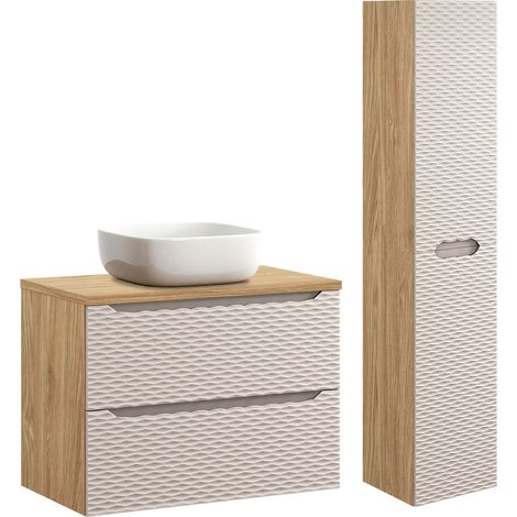 Waschtisch und Hängesäule 80cm Elora mit 2 Schubladen, Beige und Holzoptik