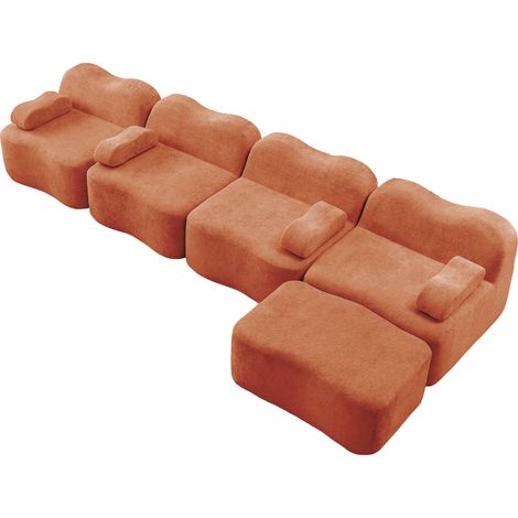Canapé d'angle modulaire 4 places en velours orange avec ottomane, mousse haute densité 32D (1/5)