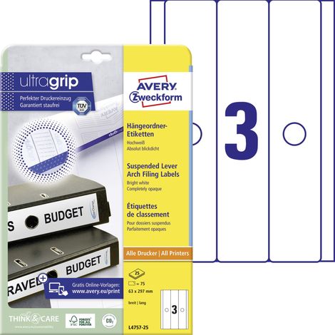 Avery Zweckform L4757-25 Hängeordner-Etiketten, A4 mit ultragrip, 63 x 297 mm, 25 Bogen/75 Etiketten, weiß (1/5)