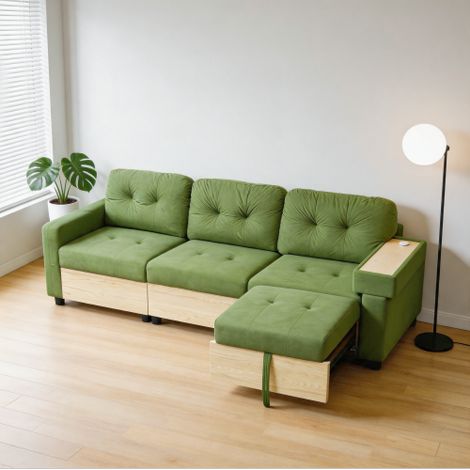 Modulares 3-Sitzer Ecksofa mit ausziehbarer Ottomane, USB-Anschluss, Stauraum & Holztischarm, Samtstoff Couch mit Hochdichtes Schaumstoff, Wohnzimmer Sofa in, Grün