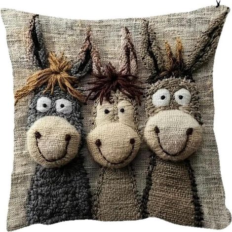 Housse de coussin carrée brodée avec un âne amusant (45 x 45 cm) pour canapé, salon, lit, voiture, terrasse, jardin, style champêtre. (1/5)