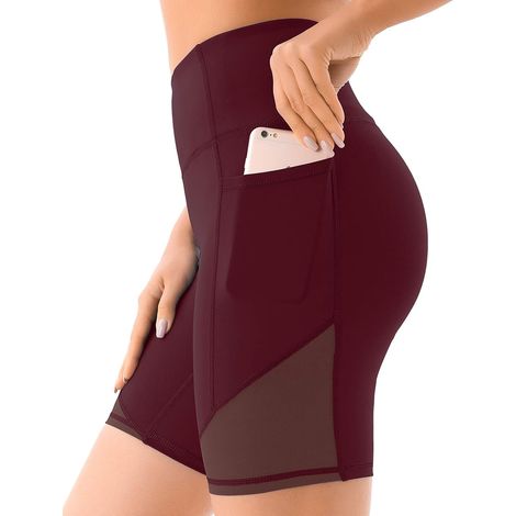 Short de yoga taille haute en maille pour femme avec poches profondes, short cycliste de sport pour femme (1/5)