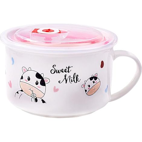 Bol en céramique avec couvercle et poignée, motif vaches mignonnes, compatible micro-ondes pour nouilles instantanées Sara, bol à céréales (lait sucré) (1/5)