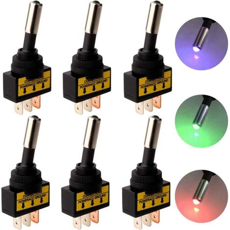 6pcs 12V-24V 20A 3 Broches Voiture Moto Interrupteur Inverseur à Bascule Levier avec Lumière LED(Rouge/Bleu/Vert,Chaque 2pcs) (1/5)