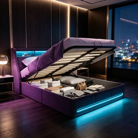 FOERPL-Lit Coffre 160 x 200 cm avec LED et USB, Cadre de Lit Capitonné 160x200 avec Rangement Hydraulique et Sommier, Tête de Lit Rembourrée avec Espace de Rangement Lit 2 Personnes (1/5)
