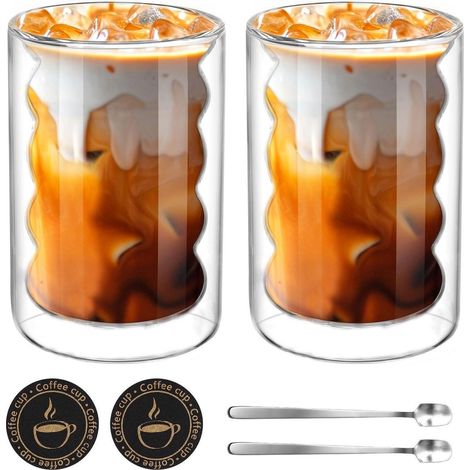 Doppelwandige Latte Macchiato Gläser 2er Set 350ml mit Löffeln & Untersetzern