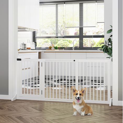 Barrière pour chien en bois blanche avec porte, réglable 113-166 x 36 x 71 cm OKMYHOME (1/5)