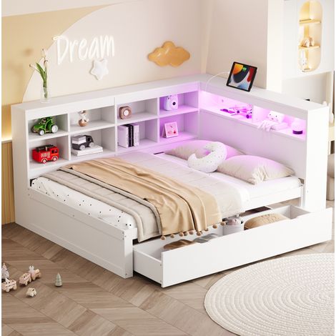 Bett multifunktional 140x200 cm aus Holz in Weiß, mit Regal-Kopfteil, Stauraum, USB-Anschluss und LED (1/5)