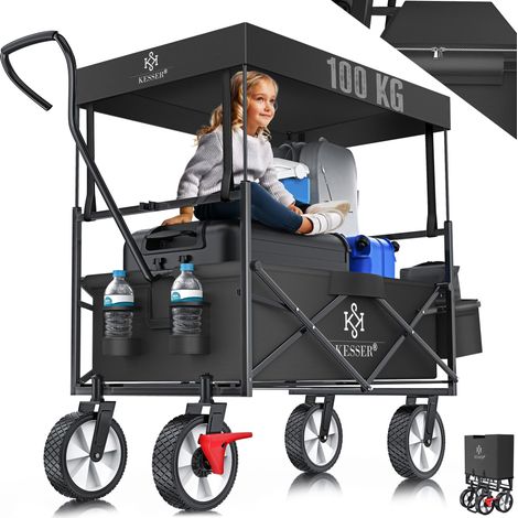 KESSER® Carro de mano plegable con techo Carro de mano Carro de transporte Carro de equipamiento incl. 2 bolsillos de malla y un bolsillo exterior plegable neumáticos de goma maciza negro
