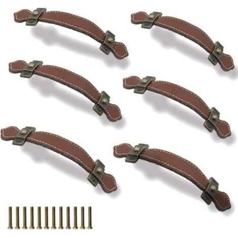 6 Pièces Poignées Tiroir Cuir 128mm Poignée de Valise Vintage Poignée pour Meuble Armoire avec Vis Marron (1/4)