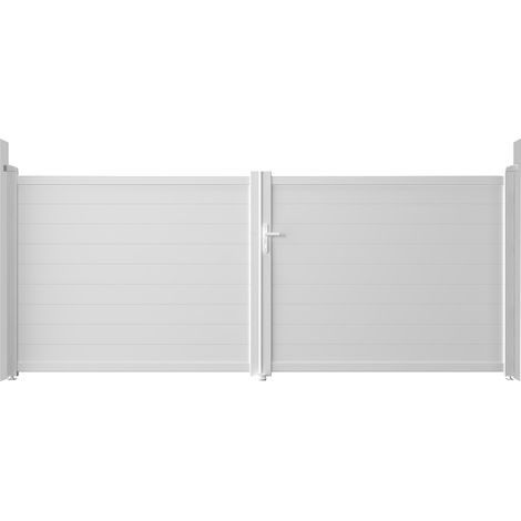 Casanoov – Portail aluminium battant 400x160cm blanc – Occultation totale – Aluminium plein pour montage facile – Lames renforcées pour motorisation (1/4)