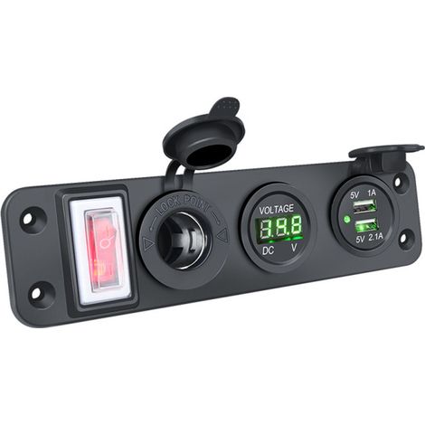 Doppia presa USB per ricarica rapida, presa accendisigari, uscita di corrente con voltmetro a LED e interruttore on/off per dispositivi a 12-24 V (auto, camion, barca). (1/5)