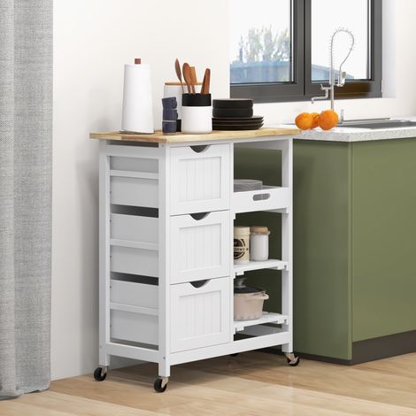 Desserte auxiliaire roues Blanc chariot cuisine 3 tiroirs 2 étagères ouvertes plateau amovible 67x37x85,5 cm