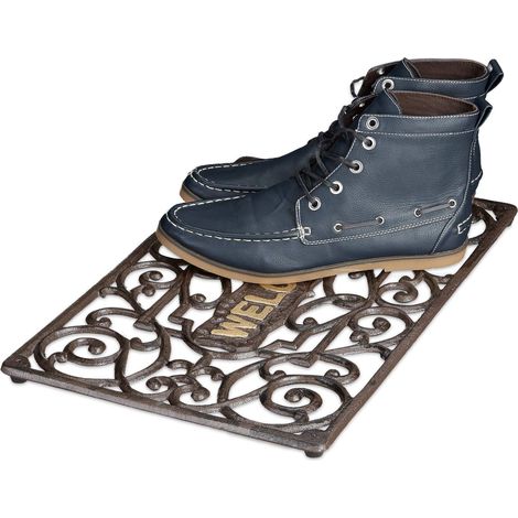 Tapis de porte rustique Rectangle, 2 x 52 x 32,5 cm, Paillasson en fonte style Art Nouveau Tapis de sol Tapis robuste revêtu par poudre en métal, antidérapant, bronze (1/5)