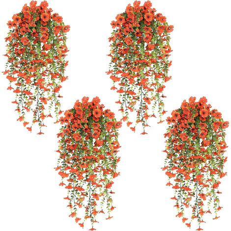 4 PCS Fleurs Artificielles Suspendues 77cm Artificiel Wisteria Fleur Plante Suspendue Artificielle Exterieur Panier Suspendu Fleur Artificiel pour Jardin Salon Balcon Décoration, Orange (1/5)
