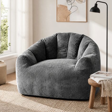 Poltrona pouf rotonda ergonomica in flanella grigia DESVIAE (1/5)