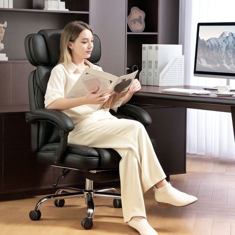 Fauteuil de bureau ergonomique réglable en hauteur avec soutien lombaire, accoudoirs, repose-pieds, cuir PU, Noir