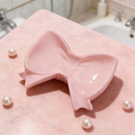 Porte-savon nœud rose - Organisateur de savon en céramique - Décoration de salle de bain, boîte de rangement pour bijoux (Rose) (1/4)