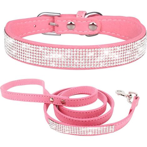 Conjunto de collar y correa pequeños con pedrería para gatos y perros pequeños (rosa, talla S) (1/3)