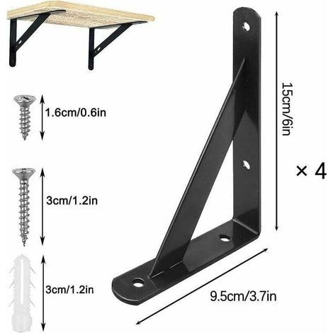 Vier 15 cm lange, schwarze Wandregalhalterungen aus dreieckigem, schwarzem Eisen, inklusive Schrauben, geeignet für dekorative Küchen- und Schlafzimmerregale, Möbel, Wandschränke usw. (Fonep) (1/3)