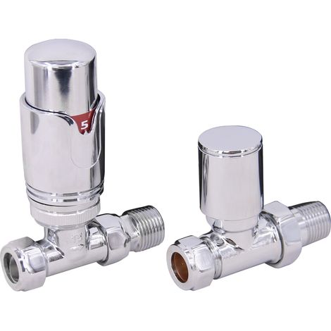 NRG Chrome Straight Thermostatic & Manual Valve Radiator Valves Central Heating Taps