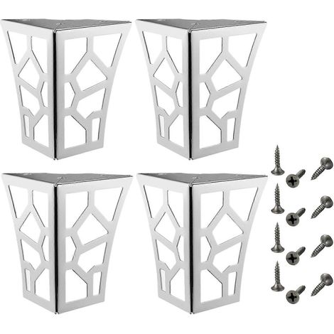 Quatre pieds en métal ajouré avec vis, adaptés aux armoires, canapés et étagères, couleur argent. (1/5)