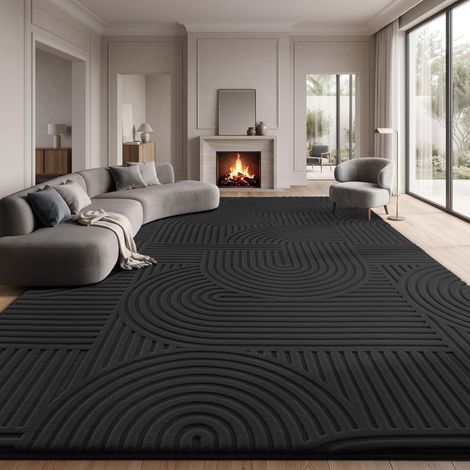 Tapis De Salon 160X230CM Noir, Tapis À Poils Courts Et Pelucheux Lavable, Design Circulaire 3D, Antidérapant Pour Chambre À Coucher, Salle À Manger, Cuisine Et Bureau (1/5)