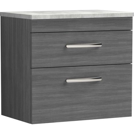 Nuie Athena Wall Hung 2-Drawer Vanity Unit with Grey Worktop 600mm Wide - Anthracite Woodgrain (1/5)