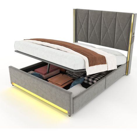 Stauraumbett Doppelbett 160x200 cm aus Samt mit USB, Type-C und LED, ohne Matratze, Dunkelgrau (1/5)