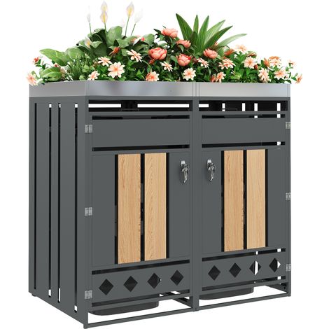 CHICFURN Armario cubrecontenedores exterior 132x80x124,5 cm de acero gris con jardinera (1/5)