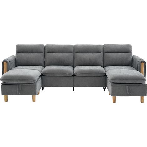 Modulares U-Sofa mit 4 Plätzen aus Chenille, Hellgrau, mit 2 Stauraum-Hockern und Holzbeinen (1/5)