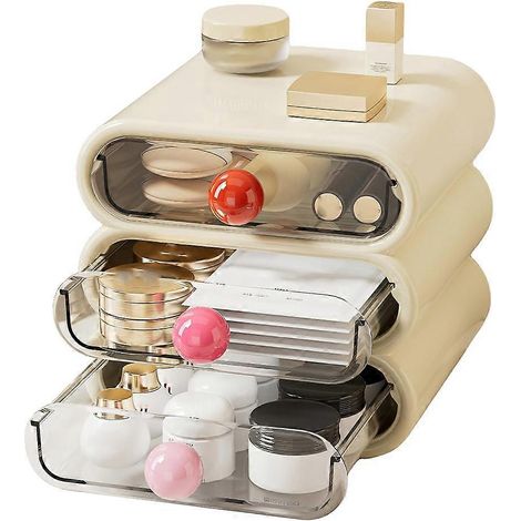 Boîte de rangement à trois tiroirs pour coiffeuse compacte, style tiroir, pouvant contenir des cosmétiques, étagère blanche (1/5)
