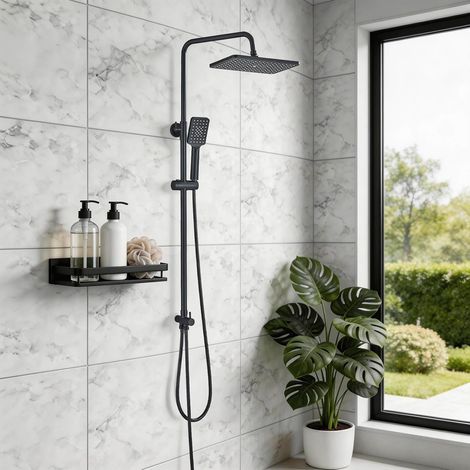 Shower Mixer Set with Square Rainfall Shower HeadWaterfall Bath Shower System Mixer Shower Tap with Modern Square Riser Rail Kit Dual Rainfall Shower Heads Handset,Black (1/5)
