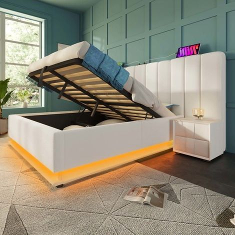 Lit coffre rembourré 180x200 cm blanc avec LED, 3 USB + USB‑C, sommier à lattes, capacité 300 kg — sans matelas