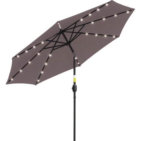 Parasol de jarden enclenable Ø265 cm avec 32 lumières LED solaires, mât en acier et manivelle, gris.