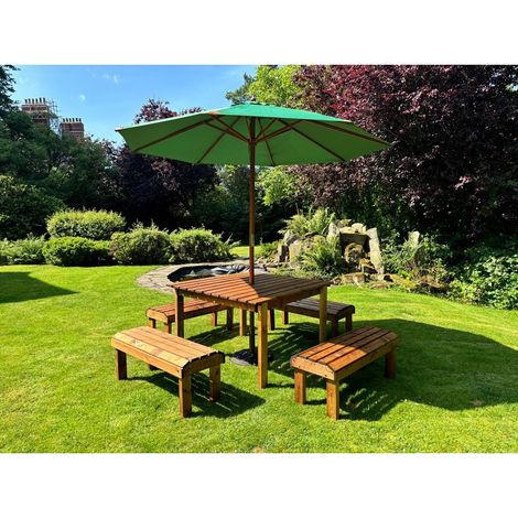 Knights Eight Seater Garden Furniture Table Set - L160 x W170 x H80 cm - Green Parasol Included - Fully Assembled