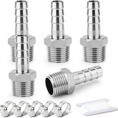 5PCS Raccords pour tuyaux d'air en acier inoxydable 304 forgé, Raccords pour tuyaux Barb 12MM Barb x 3/4" MBSP Adaptateur de tuyau avec 5PCS Collier de serrage pour tuyau (1/5)