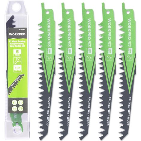 Workpro – Lame de scie sabre 5 pièces – Pour bois humide – Coupe rapide 152 mm 5TPI – Étui de rangement compact