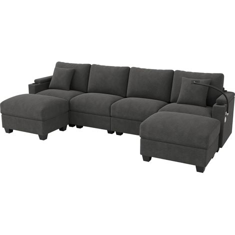 ELVMI Divano angolare modulare con funzione letto, supporto telefono 360°, porte USB e USB-C, in velluto a coste grigio 275.5 x 139 x 87 cm (1/5)
