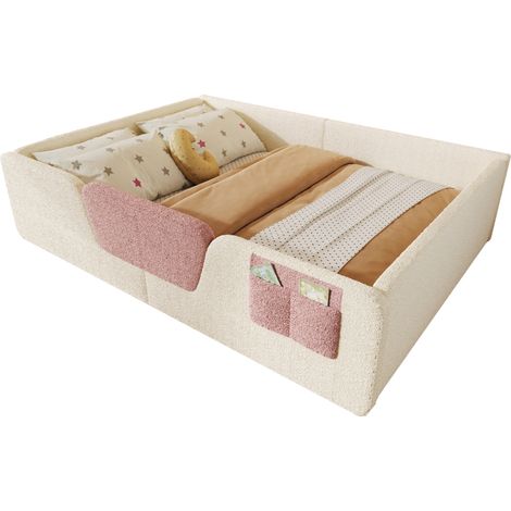 Lit enfant rembourré 140 x 190 cm en velours beige, sans matelas, avec barrières latérales amovibles et poche de rangement intégrée, pour chambre douce et ordonnée - CHICFURN (1/5)