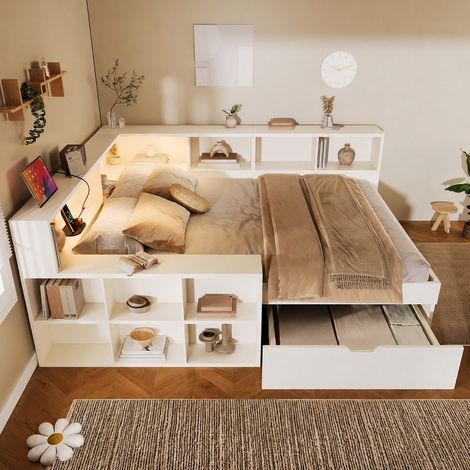 Lit 140x190 cm avec Rangement, Tiroirs et Ports USB, Lit Double Multifonction en Bois Blanc avec Liseuse (1/5)