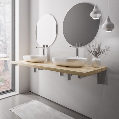 BERNSTEIN - Plan de toilette sous vasque chêne massif 160x52x7cm (LxPxH) + Supports fixation Chrome - PUREWOOD (1/5)
