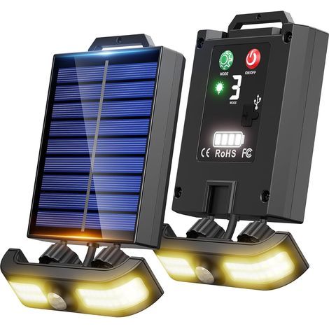 Senseur de mouvement Lumière extérieure. Solaire et USB rechargeable. Pack de 2. IP65. PIR. 3 modes. Réglable. Portable. Blanc chaud (1/5)