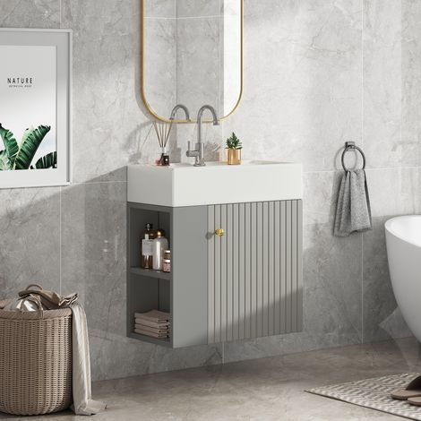Mueble bajo lavabo suspendido con armario y estantes laterales, en tablero de partículas, Gris y Blanco, Baño (1/5)