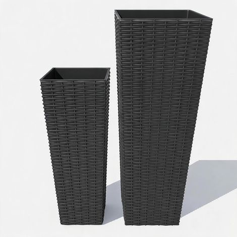 pot de fleurs rectangulaire haut lot de 2 noir plastique moderne trous drainage bac amovible arbres arbustes terrasse (1/5)