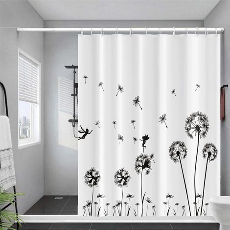 Pissenlit Rideau De Douche Noir Et Blanc Simple Volant Elfe Salle De Bains Design Floral avec Crochet Étanche Personnalisable Art 183x188cm (1/4)