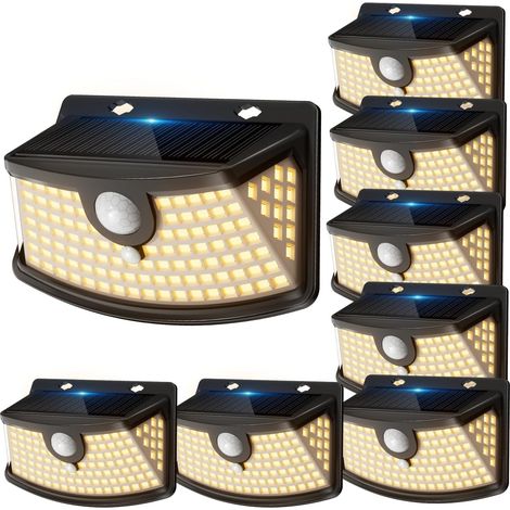 Aootek Lampe Solaire Extérieur Jardin Murale Lot de 8 120 LEDs IP65  Détecteur de Mouvement 8m Forme Courbée Batterie Lithium Coque Noire Lumière Chaude (1/5)