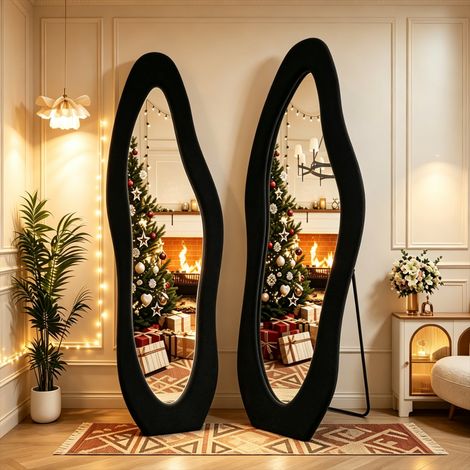 VASIEN – Miroir sur pied asymétrique 160x50 cm,Miroir pleine longueur,Grand Miroir Mural,cadre rembourré en flanelle Noir,Sur pied ou mural,avec support pour salon,chambre et dressing (1/5)