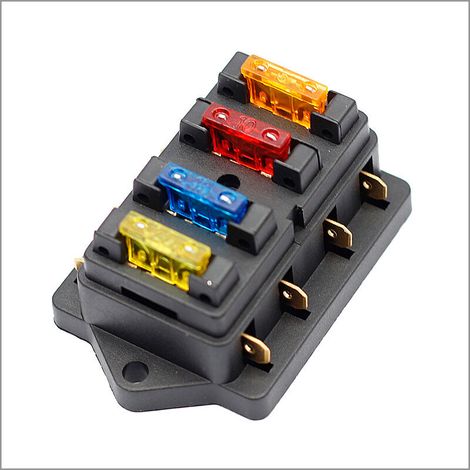 Portafusibles de cuchilla estándar de 4 vías, 12 V, 24 V y 32 V, para barcos, autocaravanas y otros vehículos, con 6 fusibles de cuchilla.