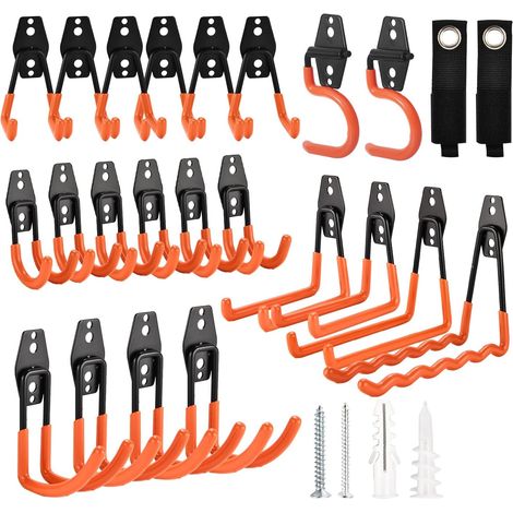 Lot de 24 Crochets, Acier Robuste, Support Mural, Vélos Outils, Rangement Garage